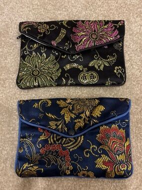 Floral Embroidered Satin Clutch Bags Lot of 2 - Black & Navy